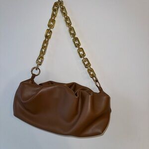 Dumpling Bag Cloud Purse Light Brown With Chunky Gold Chain